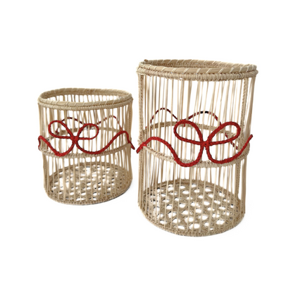 Red Bow Iraca Woven Glass Vase